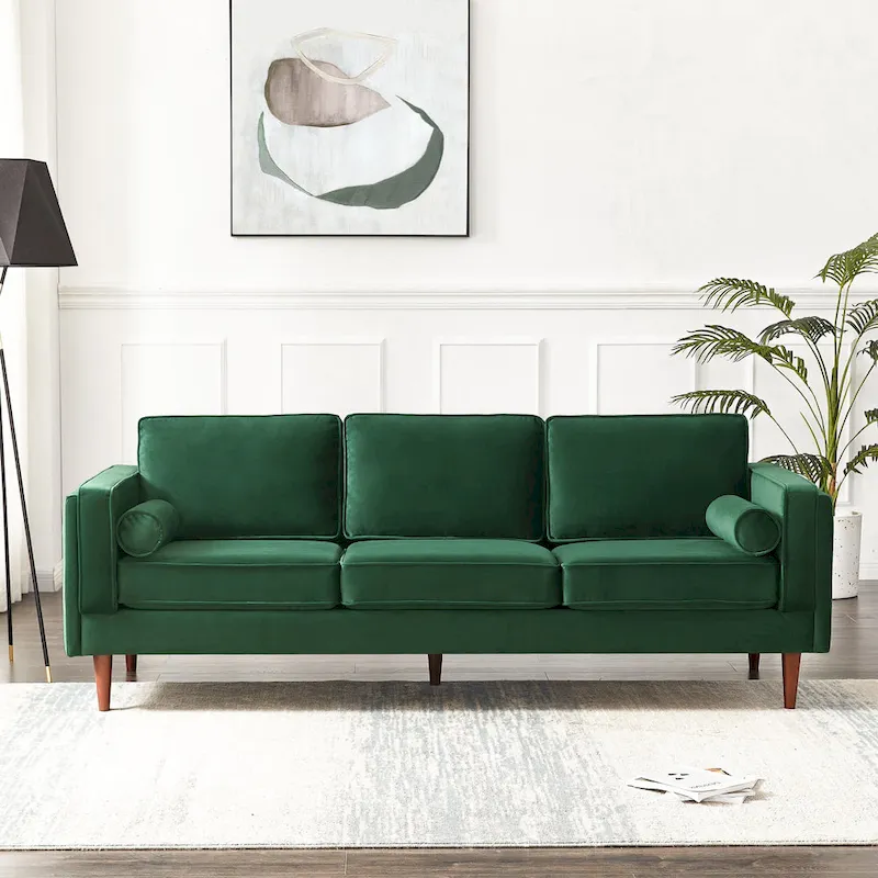 Mid-Century Modern Sofa - Teal Velvet, 3-Seater, Square Arms, Wood Frame, 88W x 33H