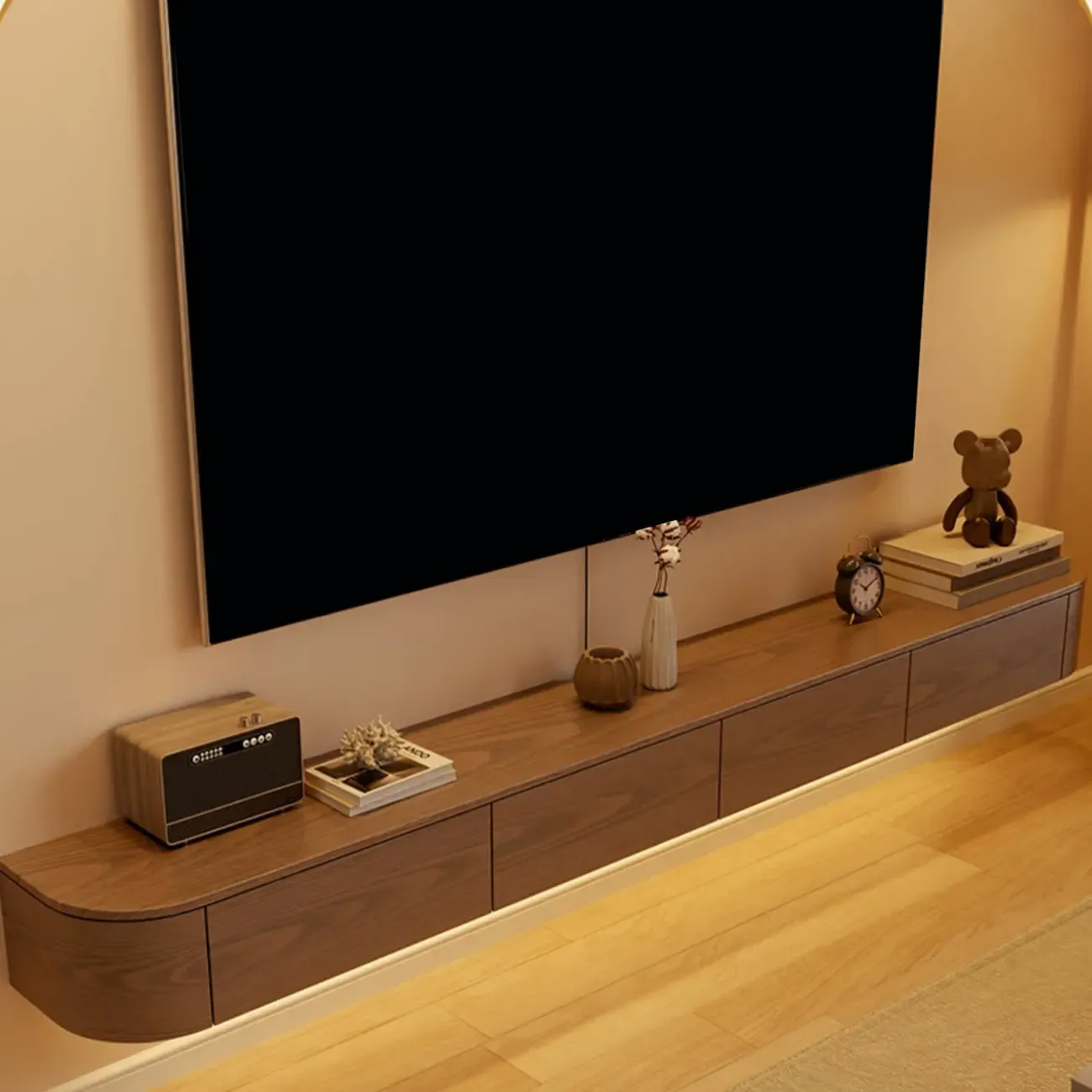 Scandinavian Wood Wall-mount TV Stand with Lift Drawers