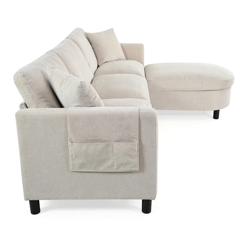 Beige 107.87  Spacious 4-Seater Sofa with Movable Ottoman