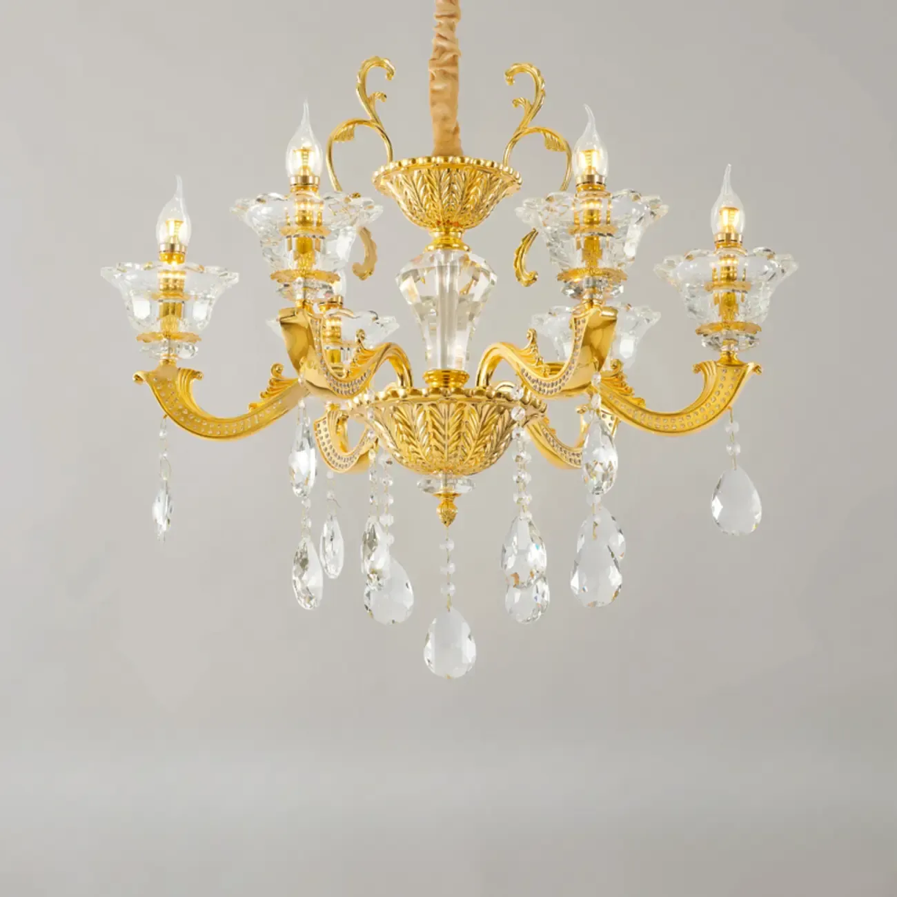 Living Room Golden Crystal Pendant Up Light Chandelier With Candelabra