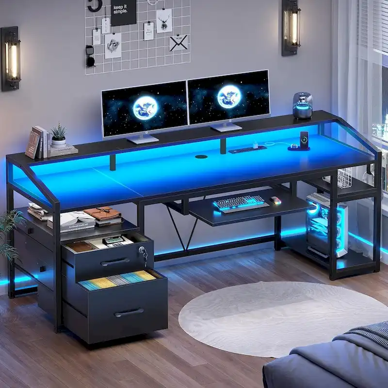LED Computer Desk With Lock Drawers Keyboard Tray Power Outlet