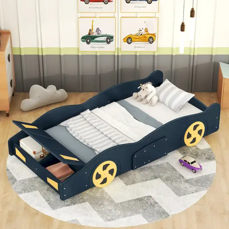 Pine Race Car Bed with Wheels & Storage
