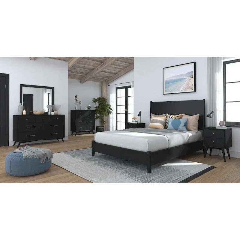 Flynn Mid Century Modern Panel Bed, Black