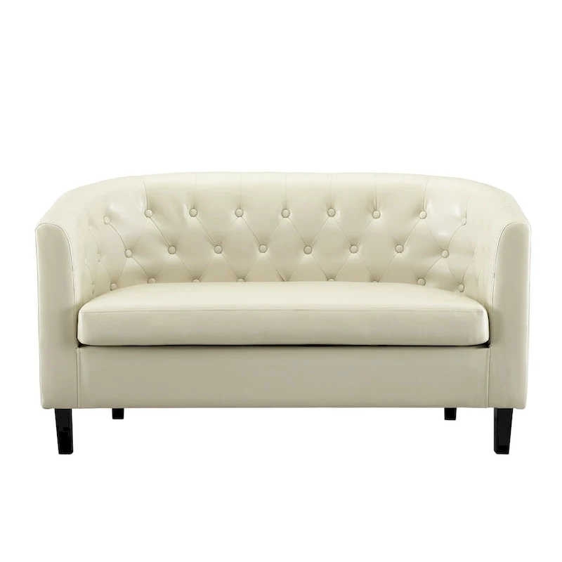 Midcentury Modern Button Tufted Faux Leather Barrel Loveseat - Comfy Tub Loveseat Sofa