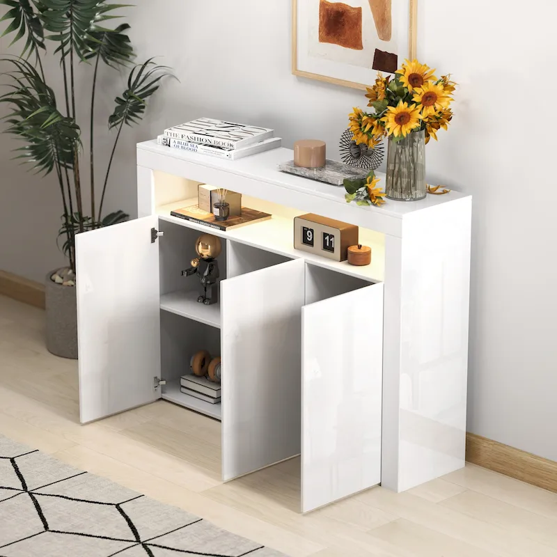 Modern Storage Cabinet with LED Light, Shelves and 3 Doors for Hallway, Dining Room
