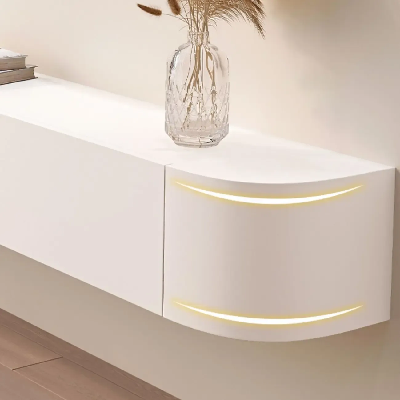 55 White Rubberwood Floating TV Stand with Cable Management