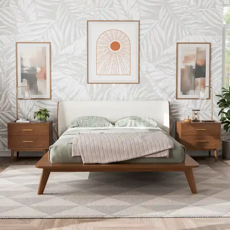 Furniture of America Beau Midcentury 3-Piece Boucle Wingback Low Profile Bedroom Set