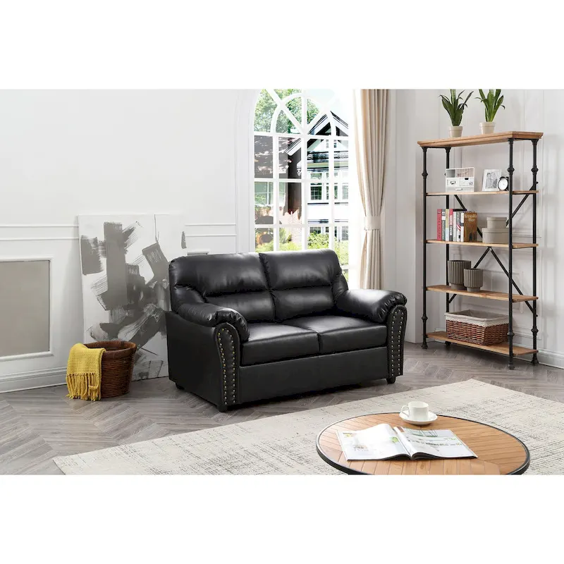 Olney W Flared Arm Faux Leather Straight Sofa in Black