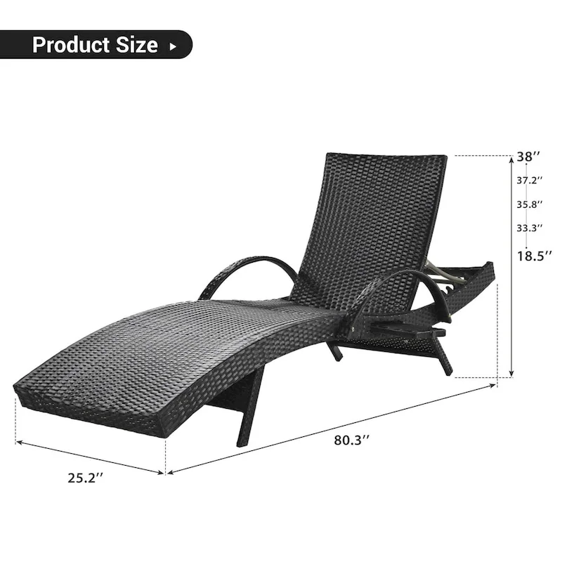 80 Wicker Chaise Lounge Chairs Set of 2,Patio Rattan Reclining Chair Pull-out Side Table Adjustable Backrest Ergonomic