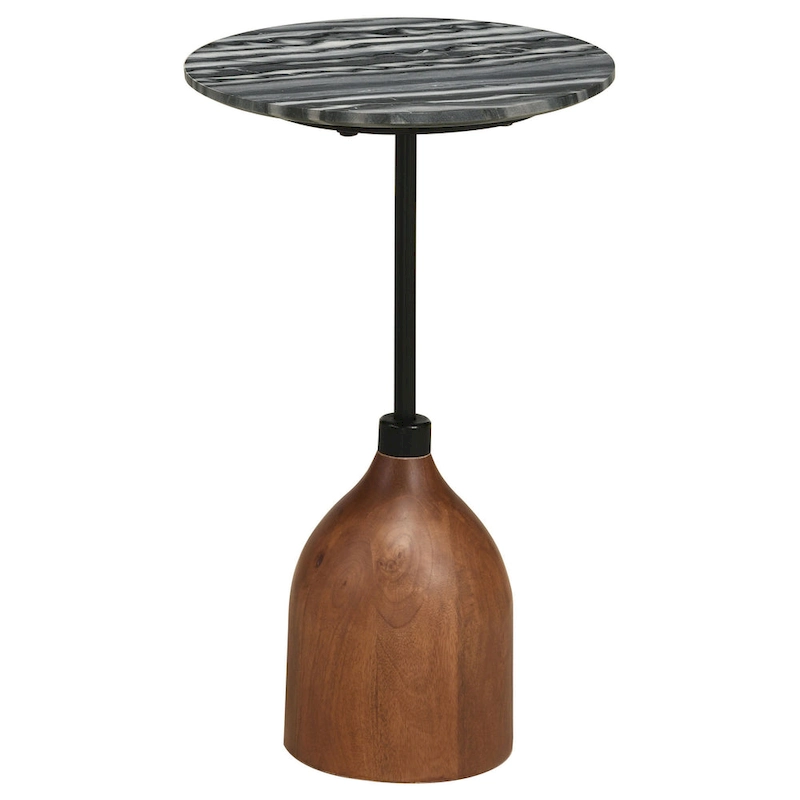 Side End Drink Table, Round Gray White Marble Top, Pedestal Base 14x14x24