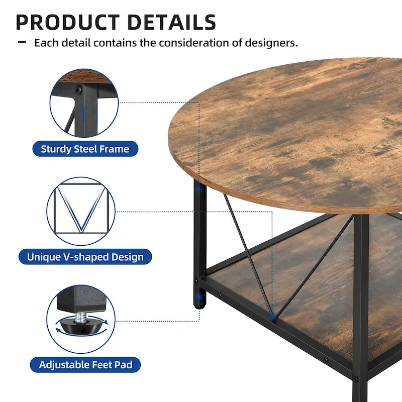 Industrial 2-Tier Round Coffee Table with Shelf