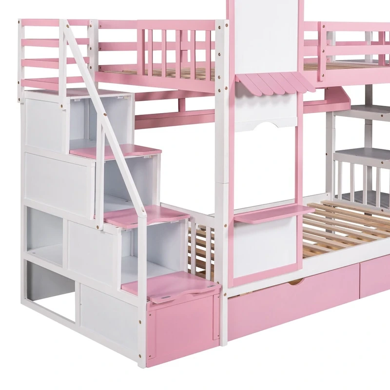 Twin-Over-Twin Castle Style Bunk Bed with Drawers,Shelves,Slide