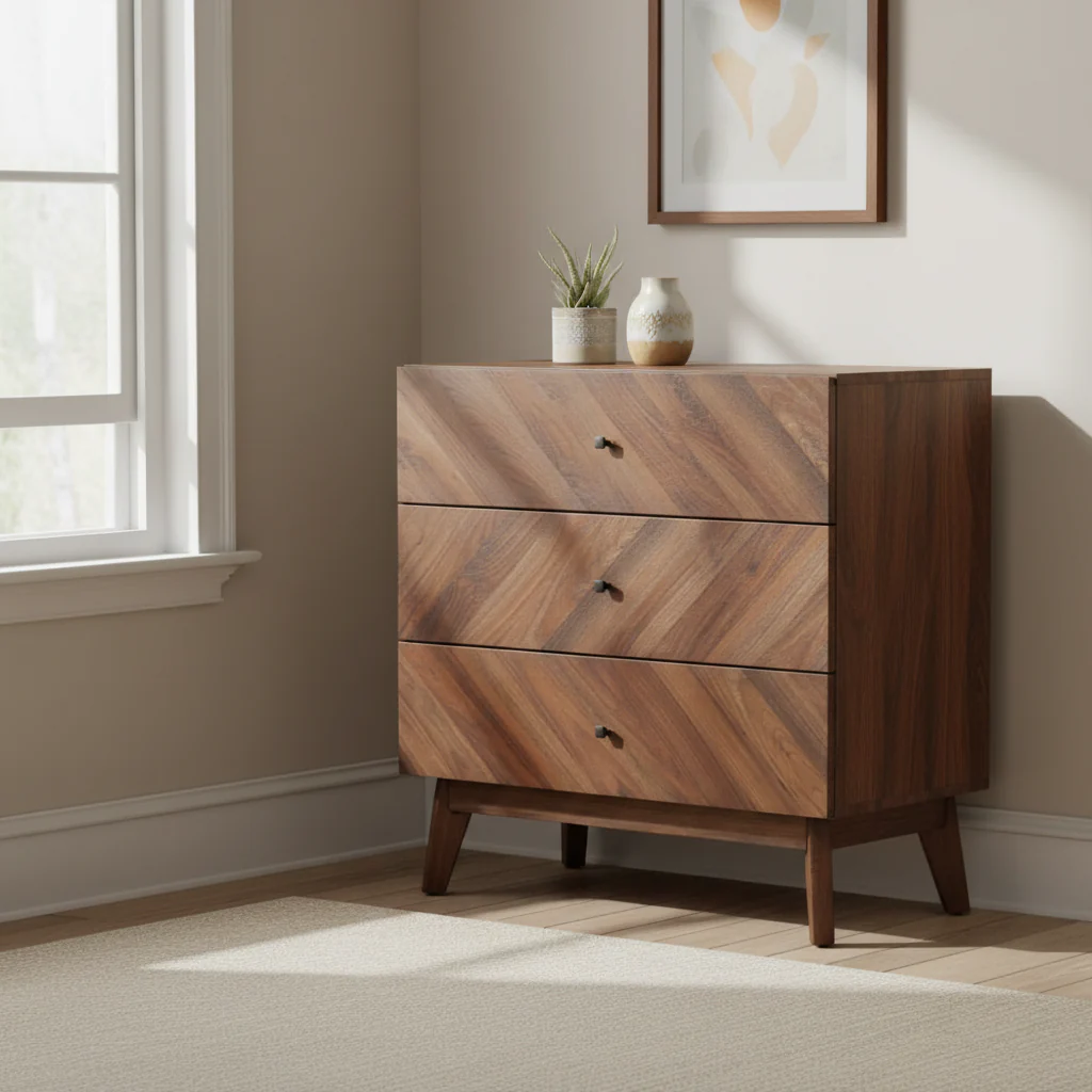 Mid-Century Modern Walnut Finished Wood 3-Drawer Storage Chest