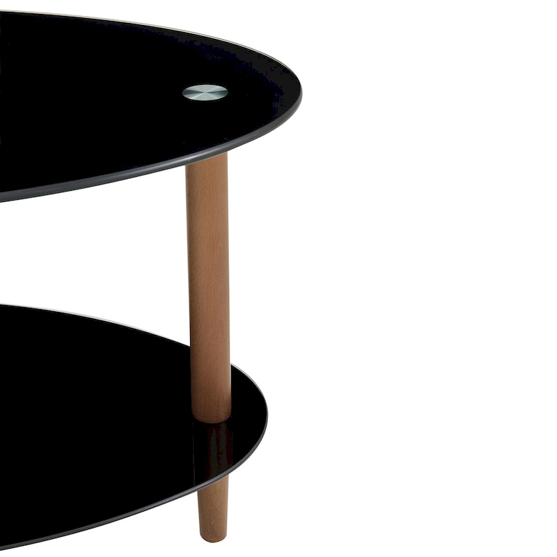 Oval glass coffee table, Transparent coffee table, modern table in living room with Oak wood legs, tea table