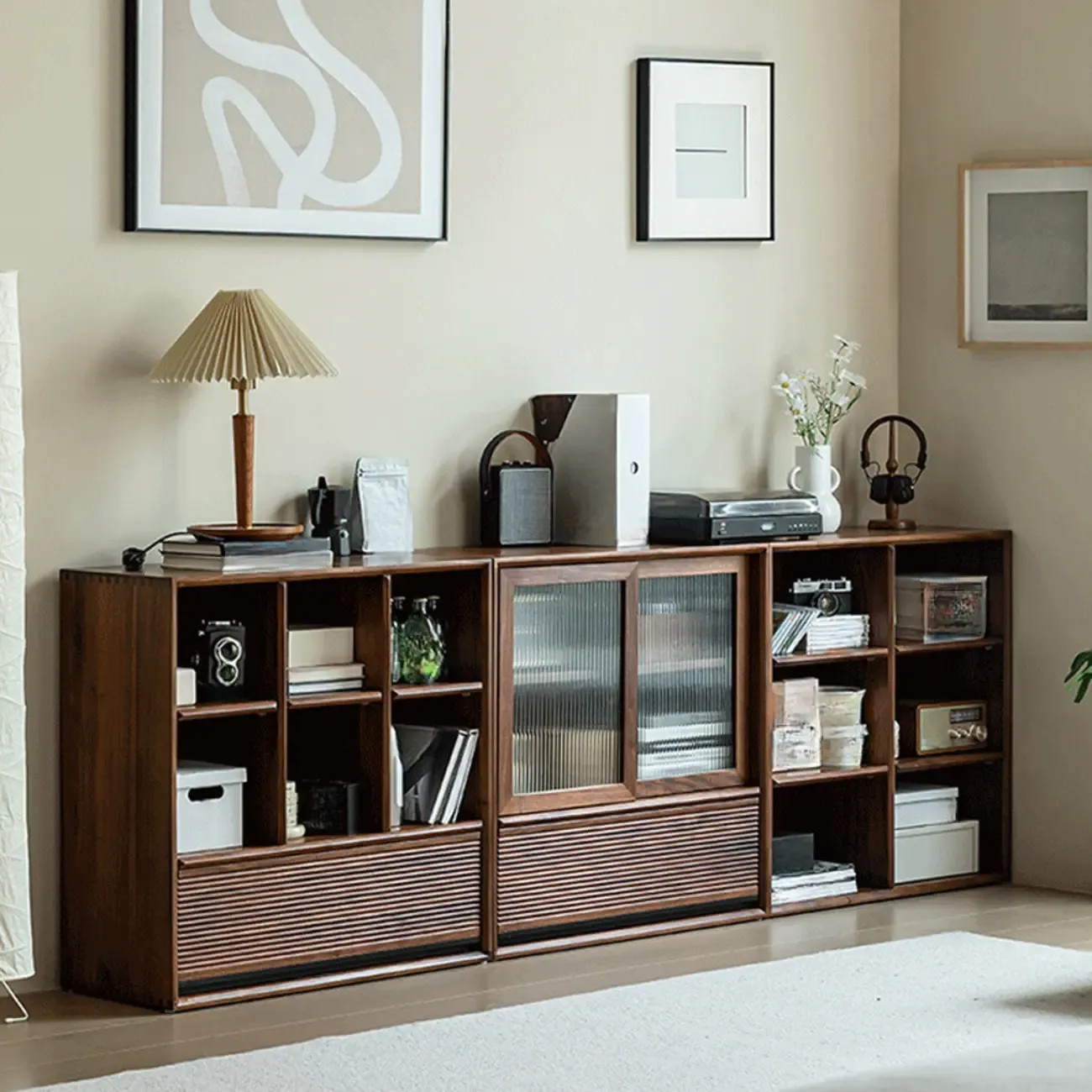 Wood Brown Cube Storage Bookcase with Drawers