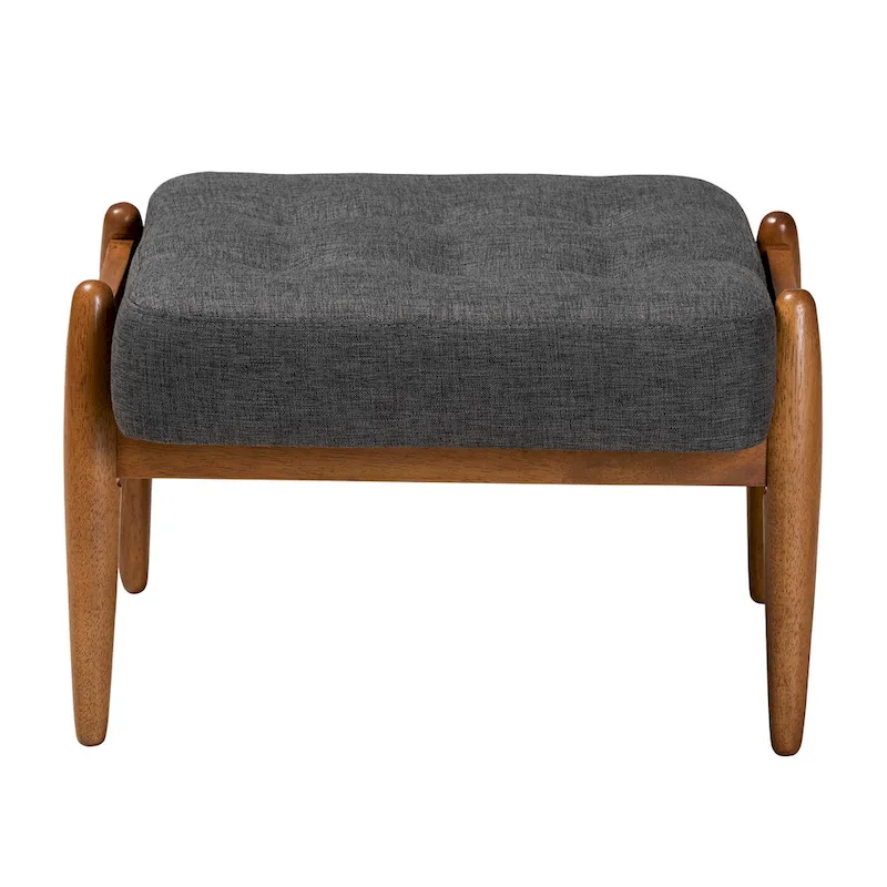 Jeanine Japandi Dark Grey Fabric and Walnut Brown Finished Wood Ottoman Footstool