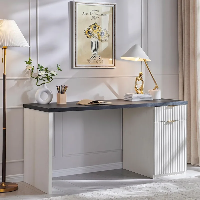 60  Modern Executive Desk, Wood Home Office Desk, Fluted Computer Desk