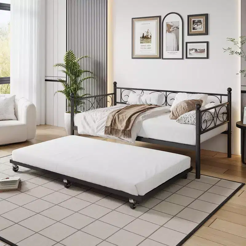 Twin Daybed with Trundle Bed, Heavy Duty Metal Twin Bed Frame with Pull Out Trundle