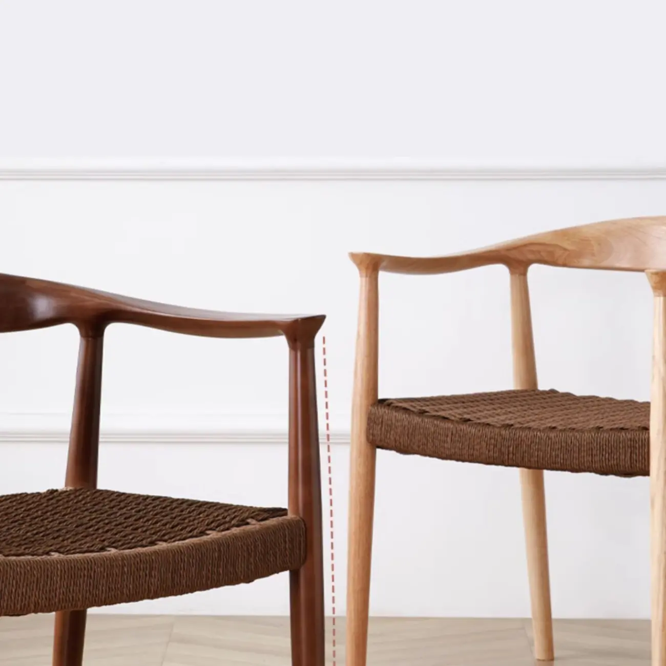 Scandinavian Curved Wood Woven Seat Armrest Dining Chair