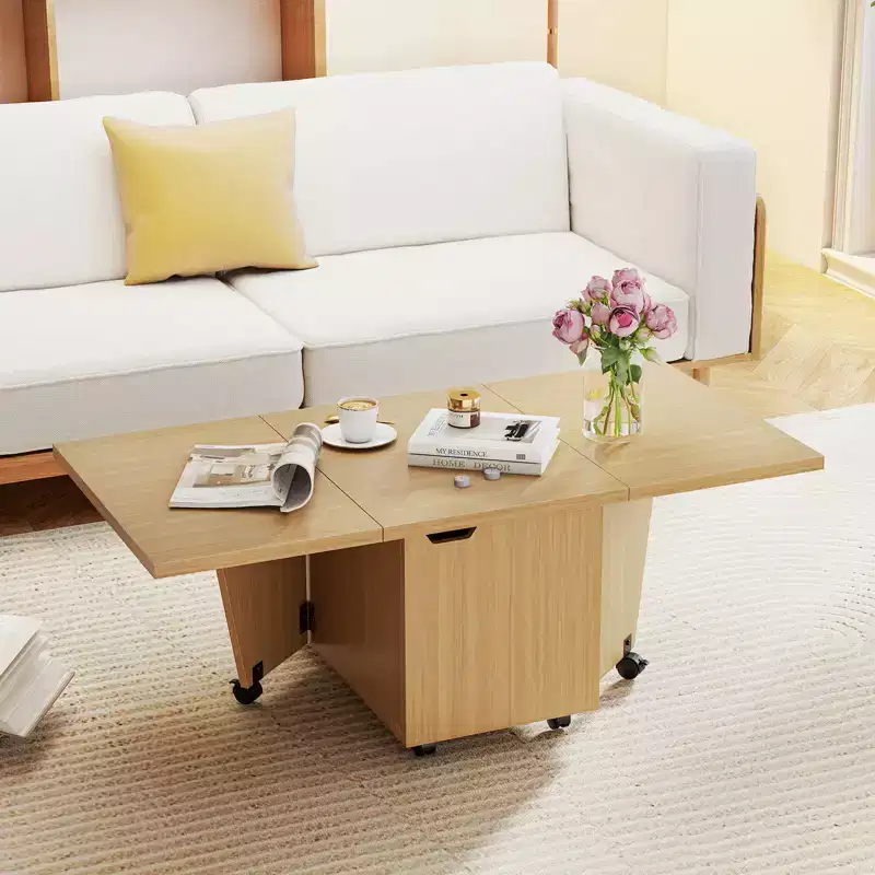 Foldable Coffee Table 48 Extendable Center Table with Storage Cabinets & Wheels Oak/Walnut/Brown