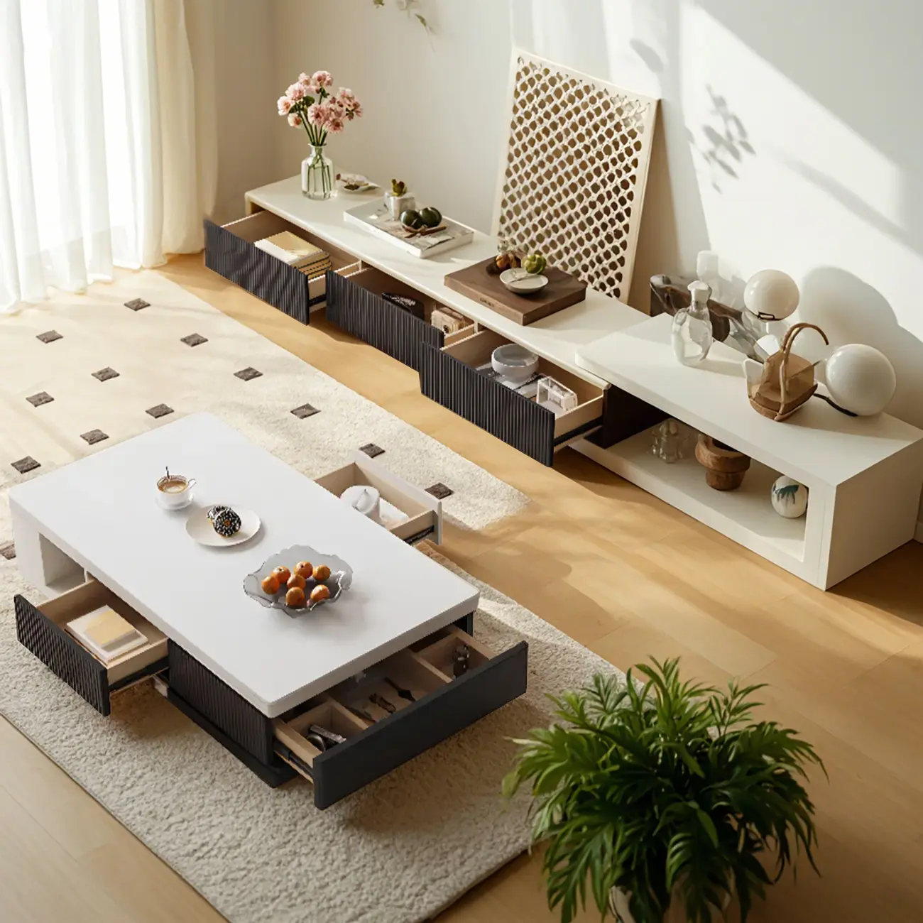 Modern Rectangular White Coffee Table with Extendable Design