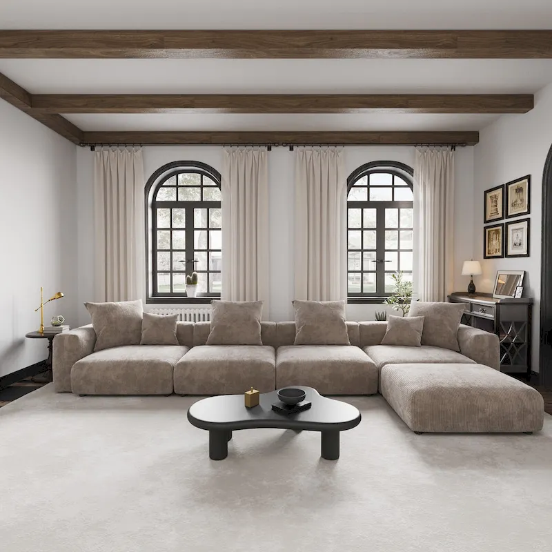 L-shape Corduroy 5-pieces Upholstered Sectional Sofa