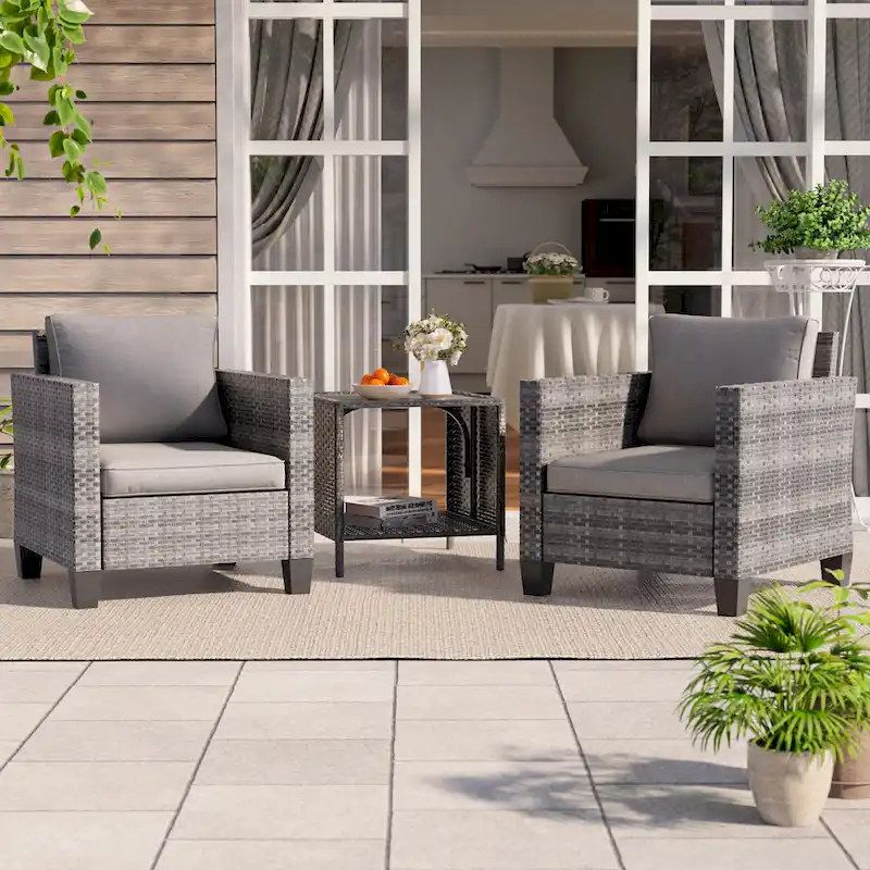 BONOSUKI 3-Piece Patio Sofa Set Grey Rattan with Side Table