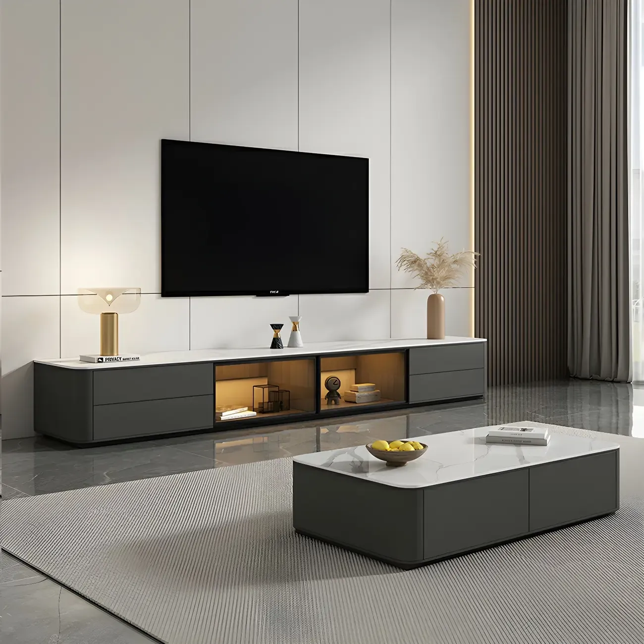 Living Room Grey Stone Long TV Stand with Drawers & Cabinet