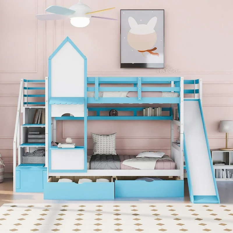 Twin-Over-Twin Castle Style Bunk Bed with Drawers,Shelves,Slide