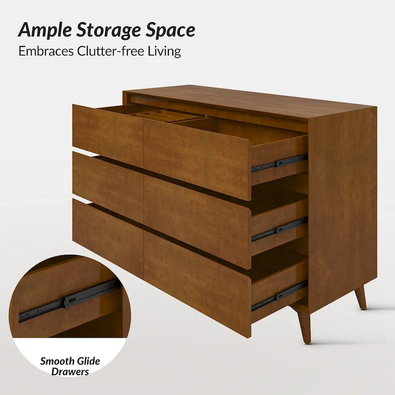 Raffaele Mid-century 6-Drawer Dresser with Solid Wood Legs by HULALA HOME