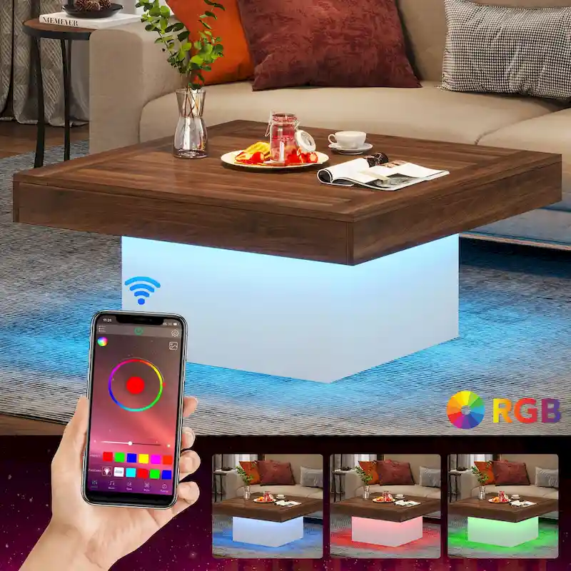 Square Coffee Table with LED Edge Lighting and Open Shelf