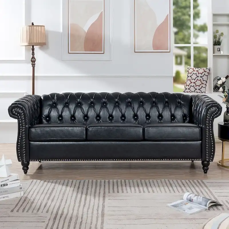 84.65 Chesterfield Tufted Faux Leather Sofa with Rolled Arms