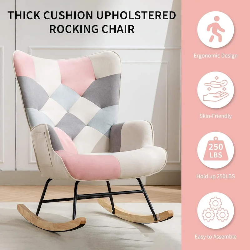 Rocking Chair Upholstered Glider Rocker Rocking Accent Chair Padded Seat with High Backrest Armchair