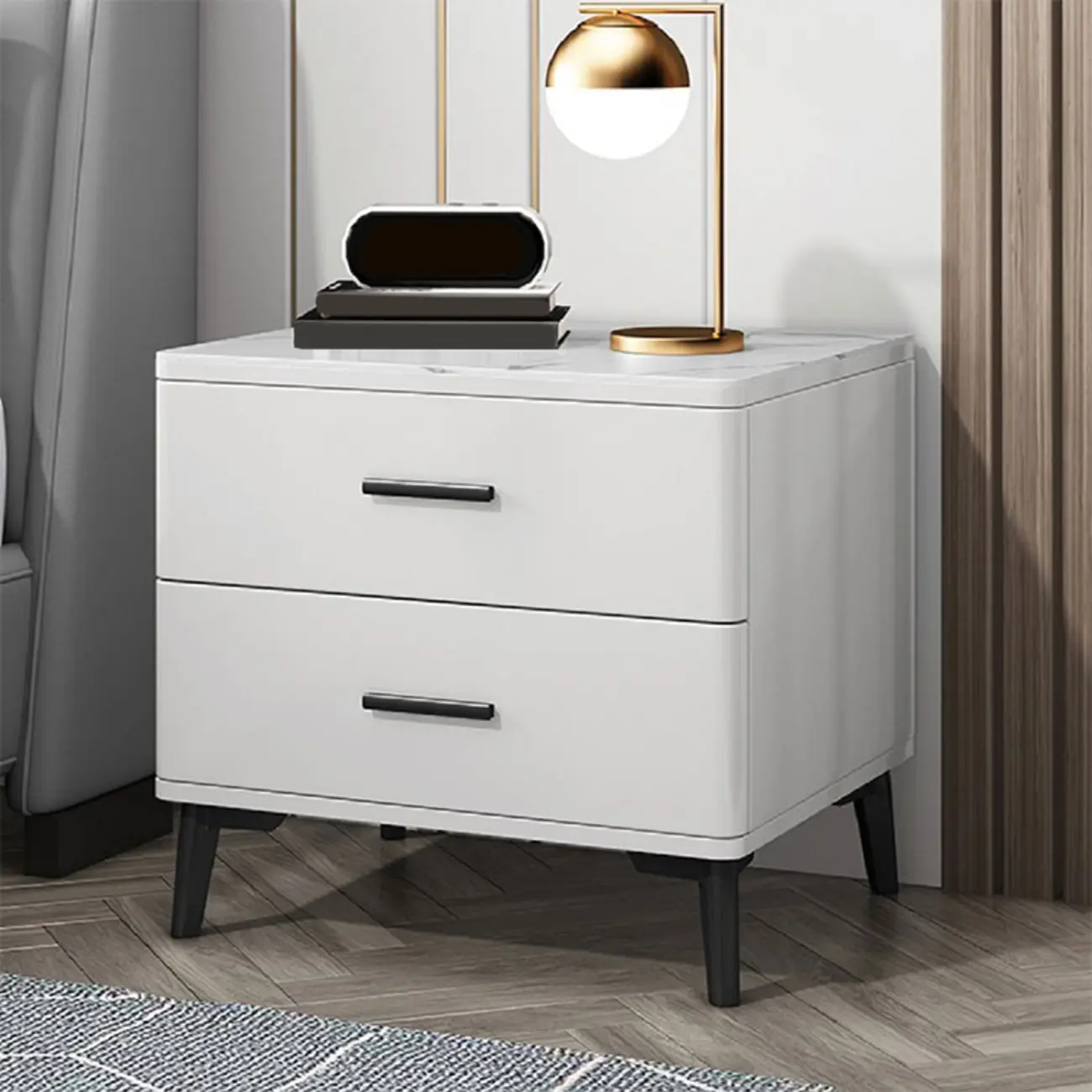 Modern White Stone Top Oak 2-Drawer Nightstand