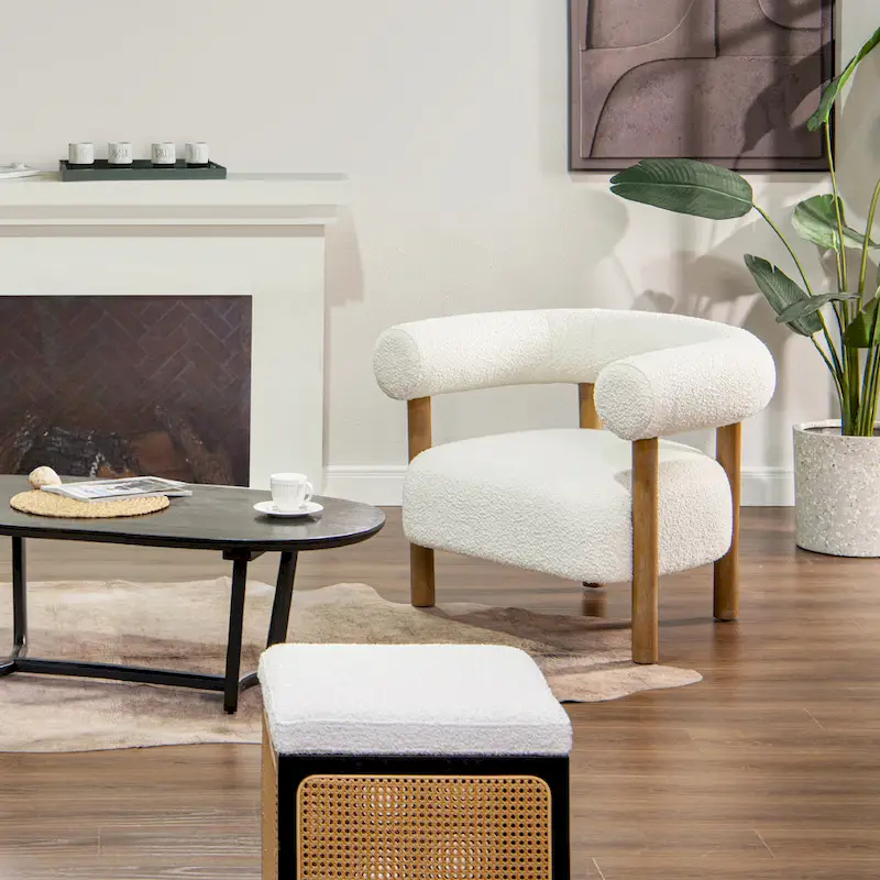 37 Mid-Century Modern Style Barrel Armchair with Bouclé and Sherpa Accents