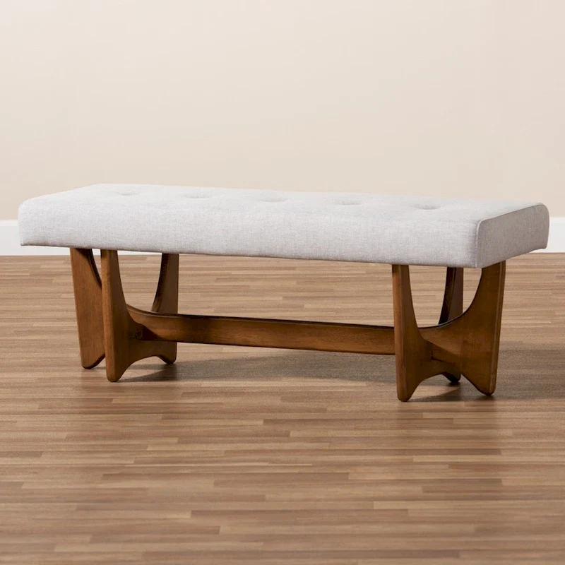 Mid-Century Modern Fabric Upholstered Walnut Finished Bench - 17.9 High x 48.8 Wide x 18.3 Deep