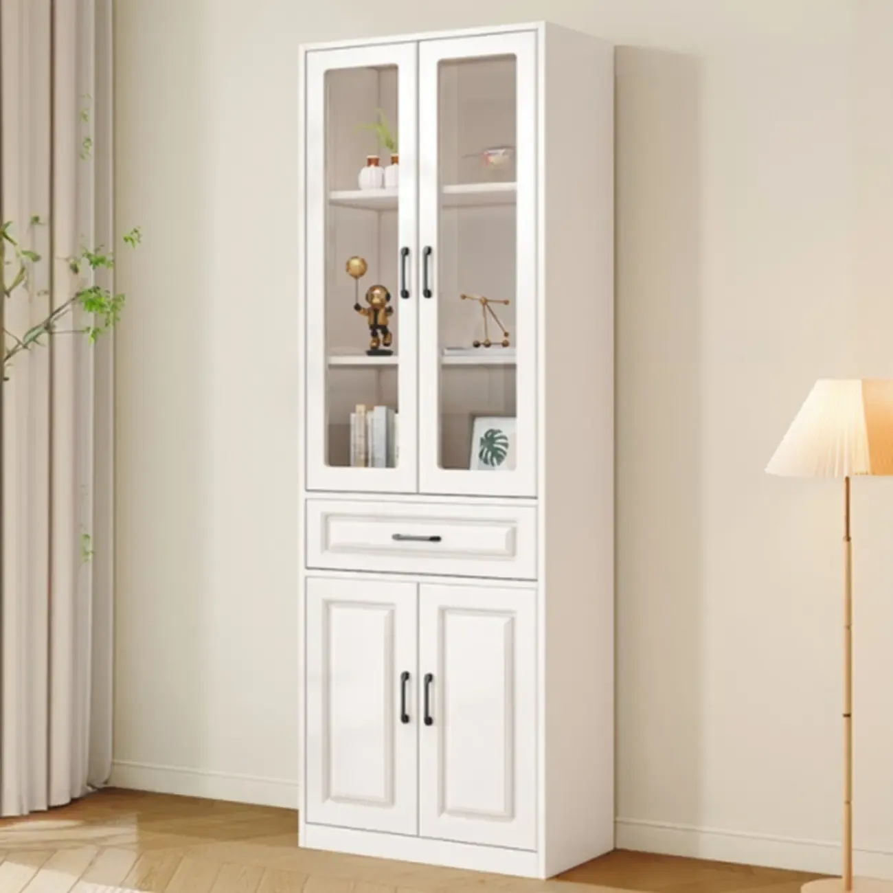 Rectangular White Wood Vertical Display Bookcase with Drawers