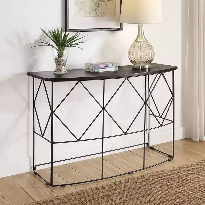 Drixol Rectangle Sofa Table Walnut - miBasics: Steel Frame, MDF & Wood Veneer, 30" High, Narrow Profile