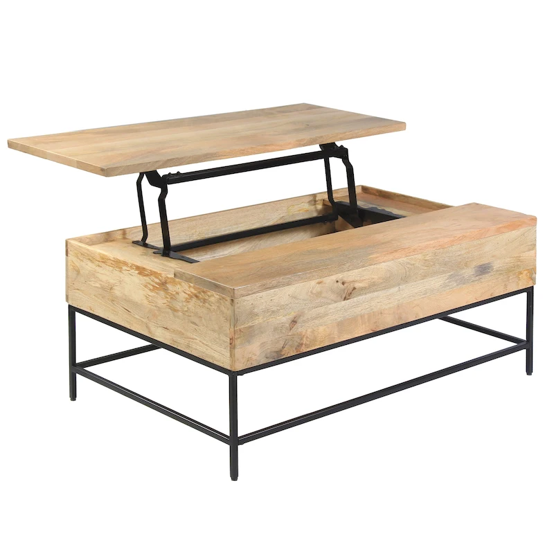 Audrey 45 inch Lift Top Mango Wood Rectangular Coffee Table - Wood and Metal, Natural Brown and Black