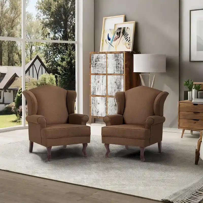 2 Set Traditional Wingback Accent Chairs Upholstered Armchair