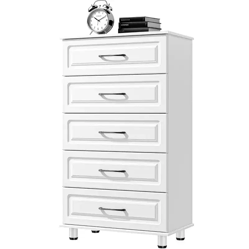 Sandinrayli 5 Drawer Dresser, White Tall Dresser for Bedroom, Closet Wood Storage with Steel Handles, White