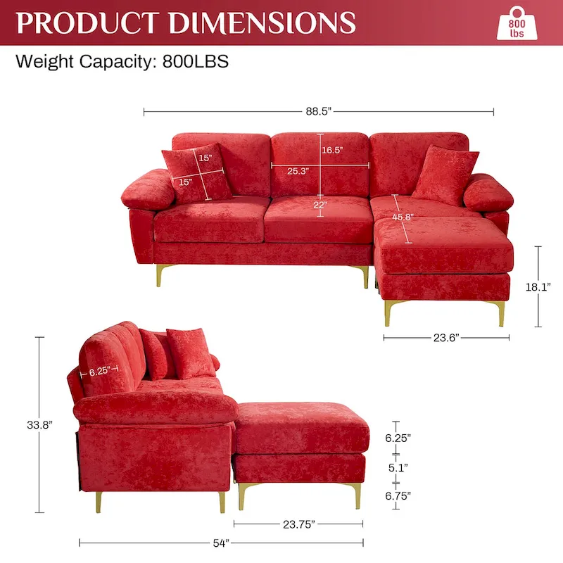 Ouyessir 2-Pieces Upholstered Velvet Sectional Sofa with 2 Pillows & Ottoman