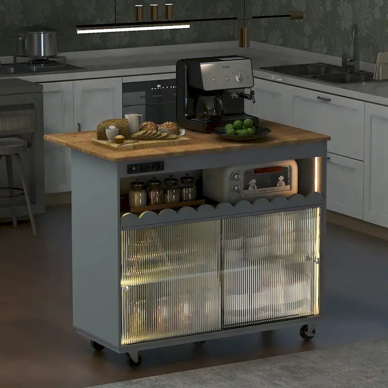 44 in. W Kitchen Island Rubberwood Drop-Leaf Countertop on 5 Wheels with Open Shelf and Wine Rack - 44