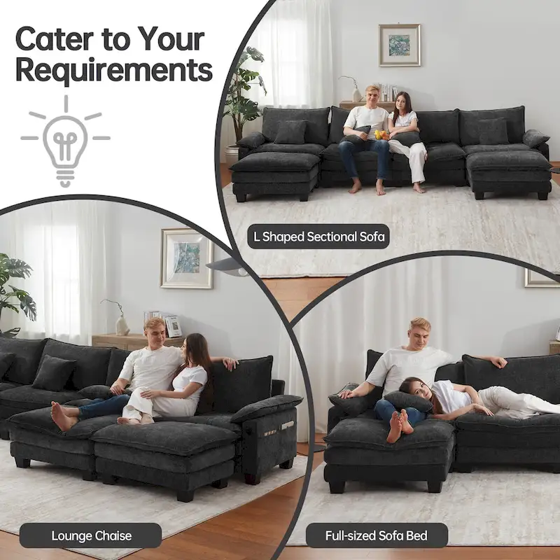 144 Modular Compression Sofa Set Convertible Sectional Sleeper Couch with 2 Ottomans