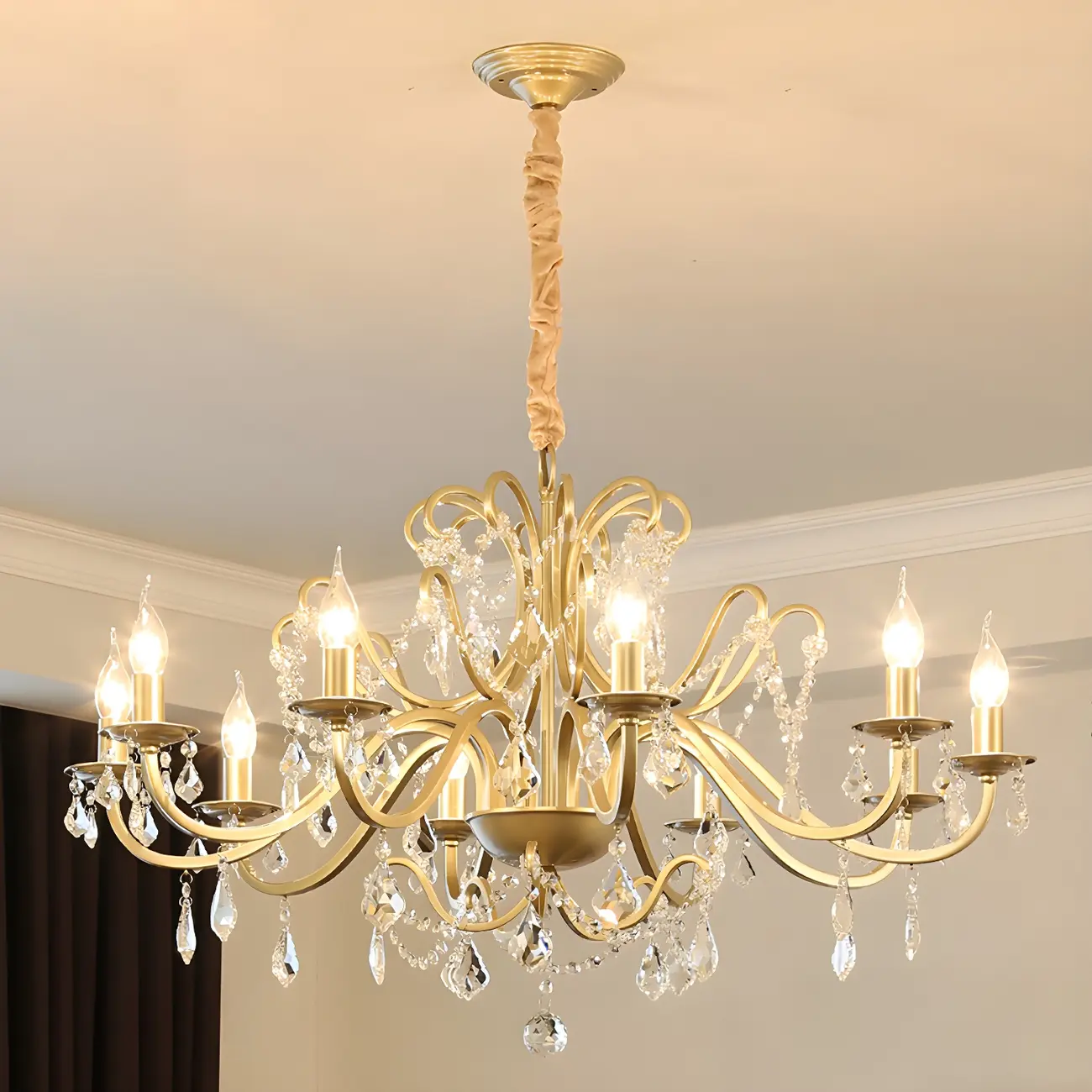 French Curved Arms Gold Crystal Candelabra Chandeliers
