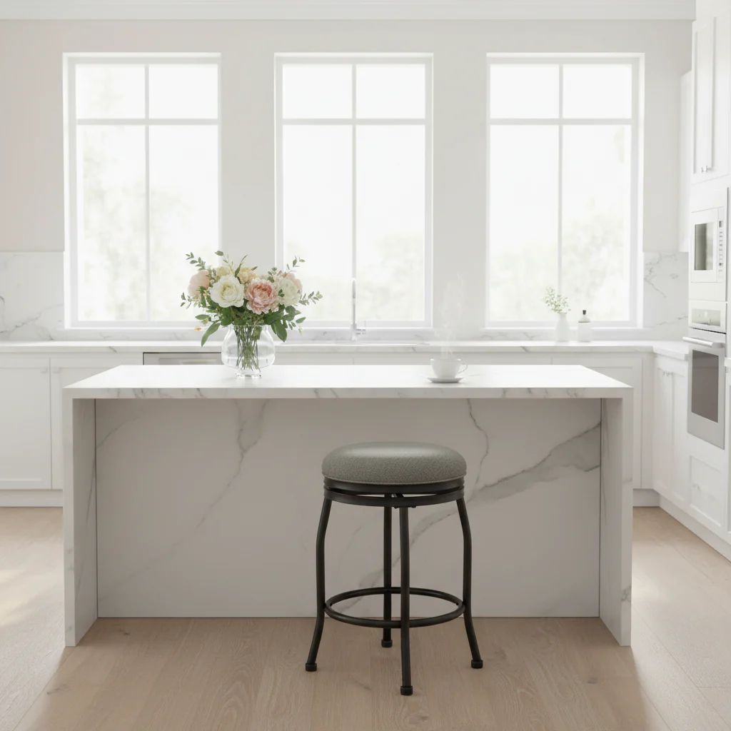 Metal Counter Stool with Swivelling Fabric Padded Seat, Gray and Black