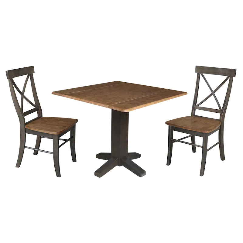 36 Solid Wood Square Dual Drop Leaf Dining Table with 2 Dining Chairs