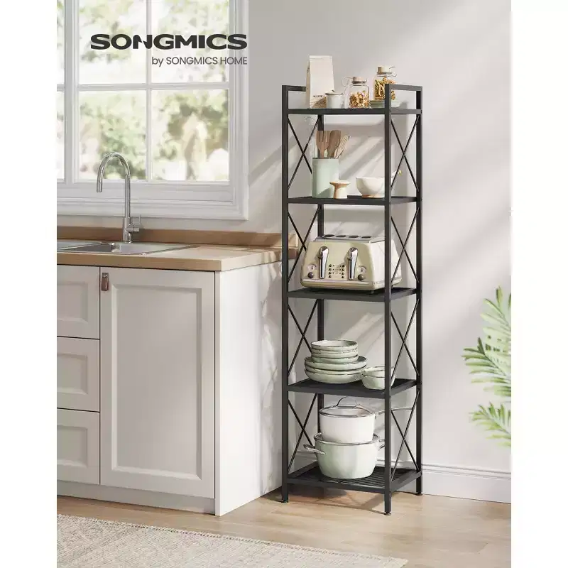 SONGMICS 5-Tier Metal Storage Rack, Shelving Unit with X Side Frames, Dense Mesh, 12.6 x 15.7 x 57.3 Inches, Ink Black