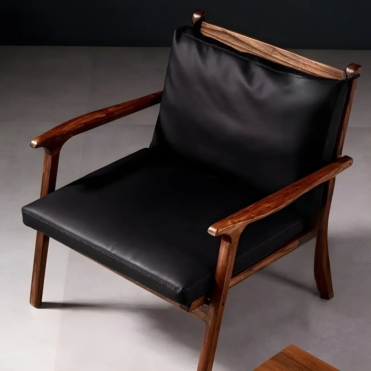Scandinavian Faux Leather Wood Square Arm Accent Chair