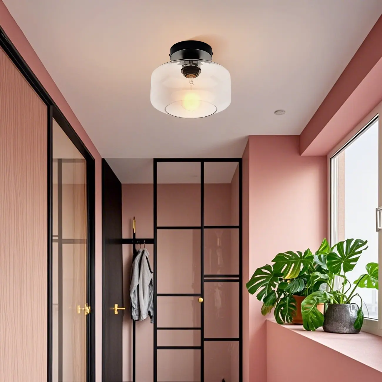 Hallway Industrial Clear Glass Semi Flush Ceiling Light